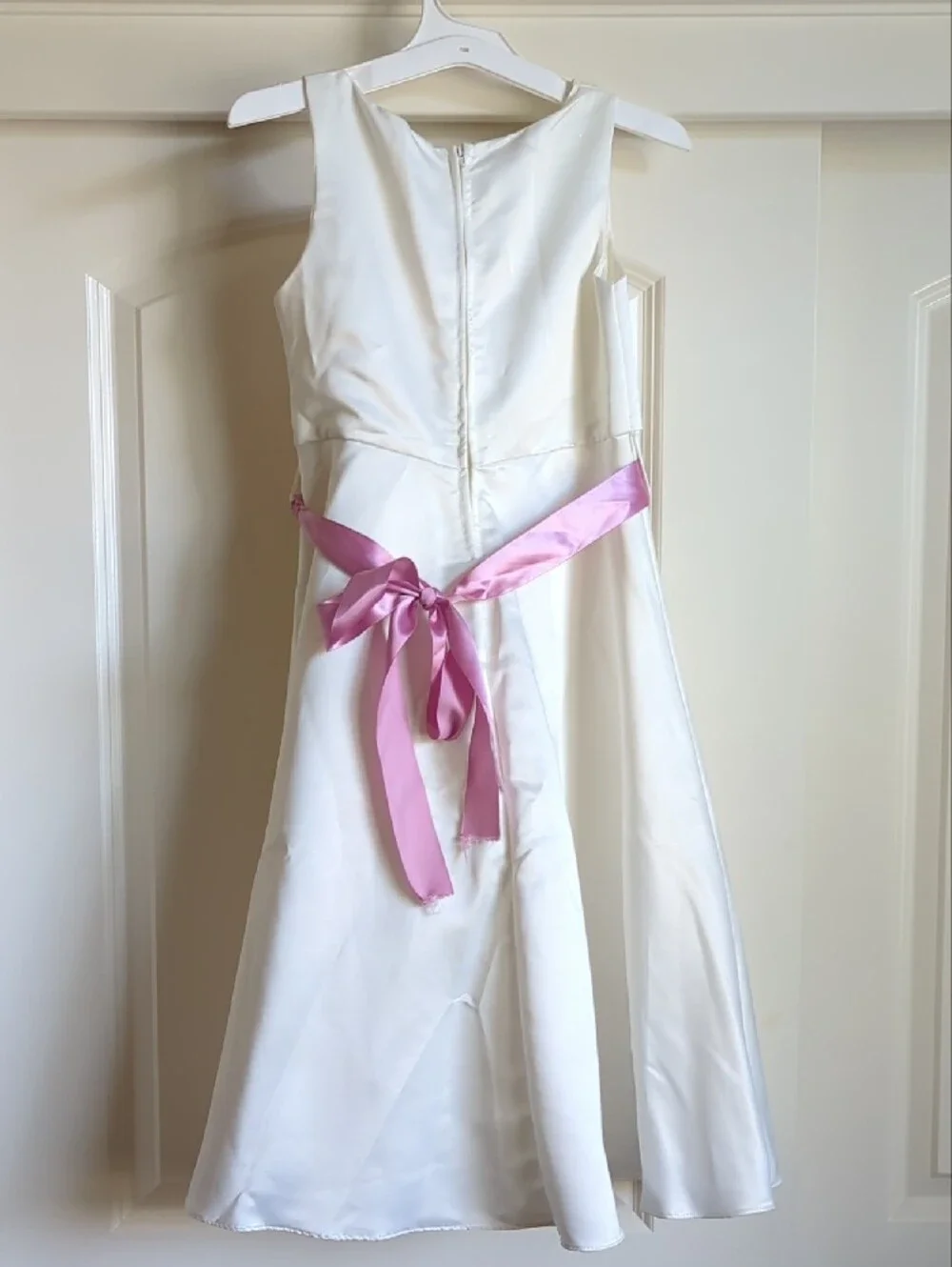 Cinderella Ivory Satin Flower-Accent Dress with Pink Sash